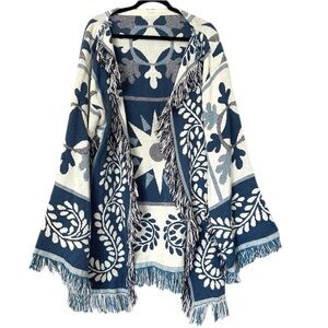 Vintage Handmade Fringe Detail Western Blanket Jacket Cardigan Blue White Womens